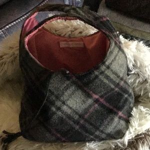 Victoria Secret cosmetic bag with two tassels,  tweed, fabric, gray and pink